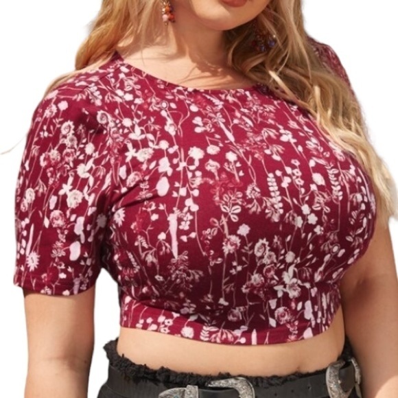 SHEIN Curve Tie Open Back Floral Print Crop Tee Burgundy Red Sz 4XL - Picture 6 of 7